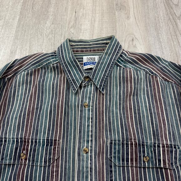 Vintage Denim Express Striped Shirt Men's Extra Large XL 90s Vertical Striped - Picture 1 of 6